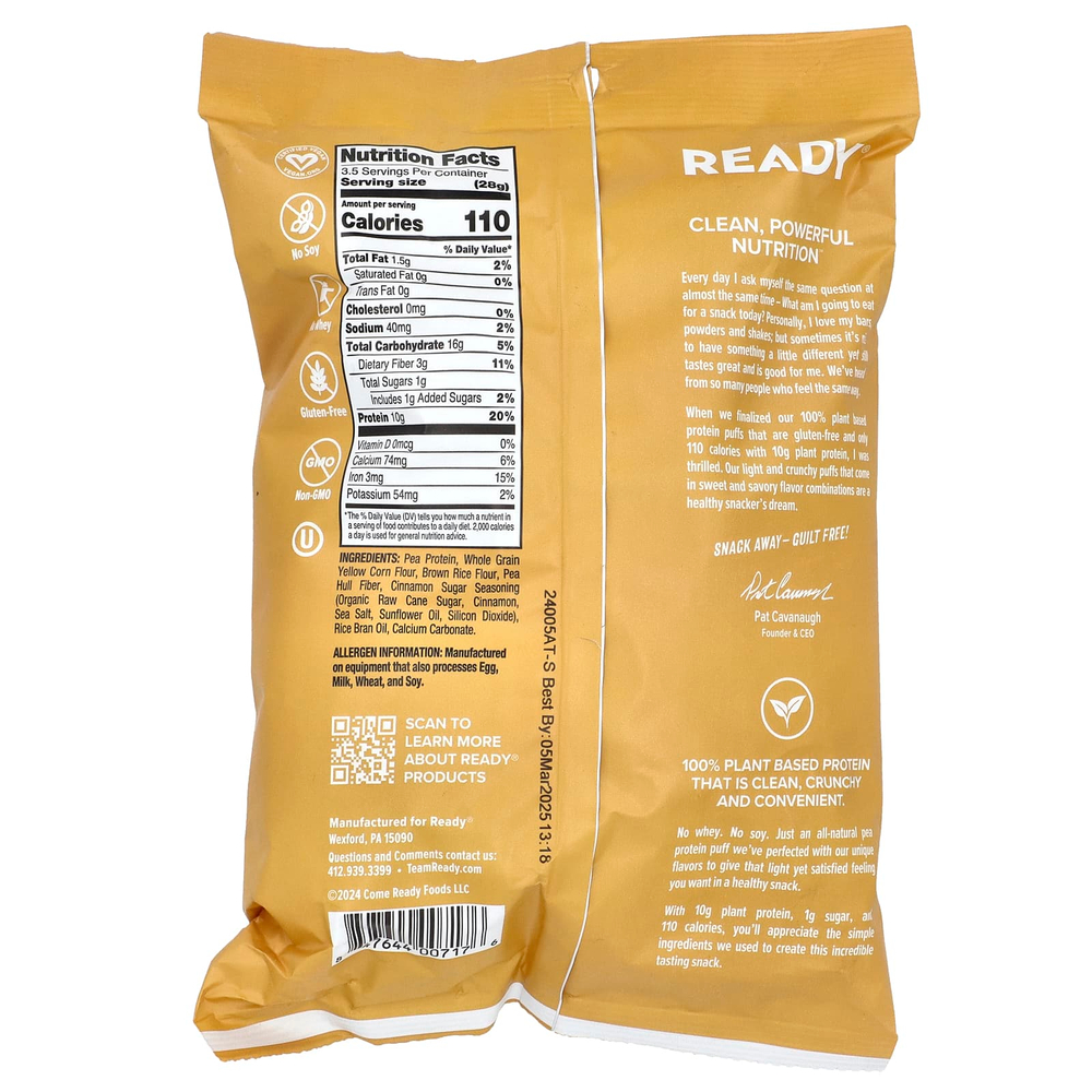 Ready, Protein Puffs, сахар с корицей, 99 г (3,5 унции)