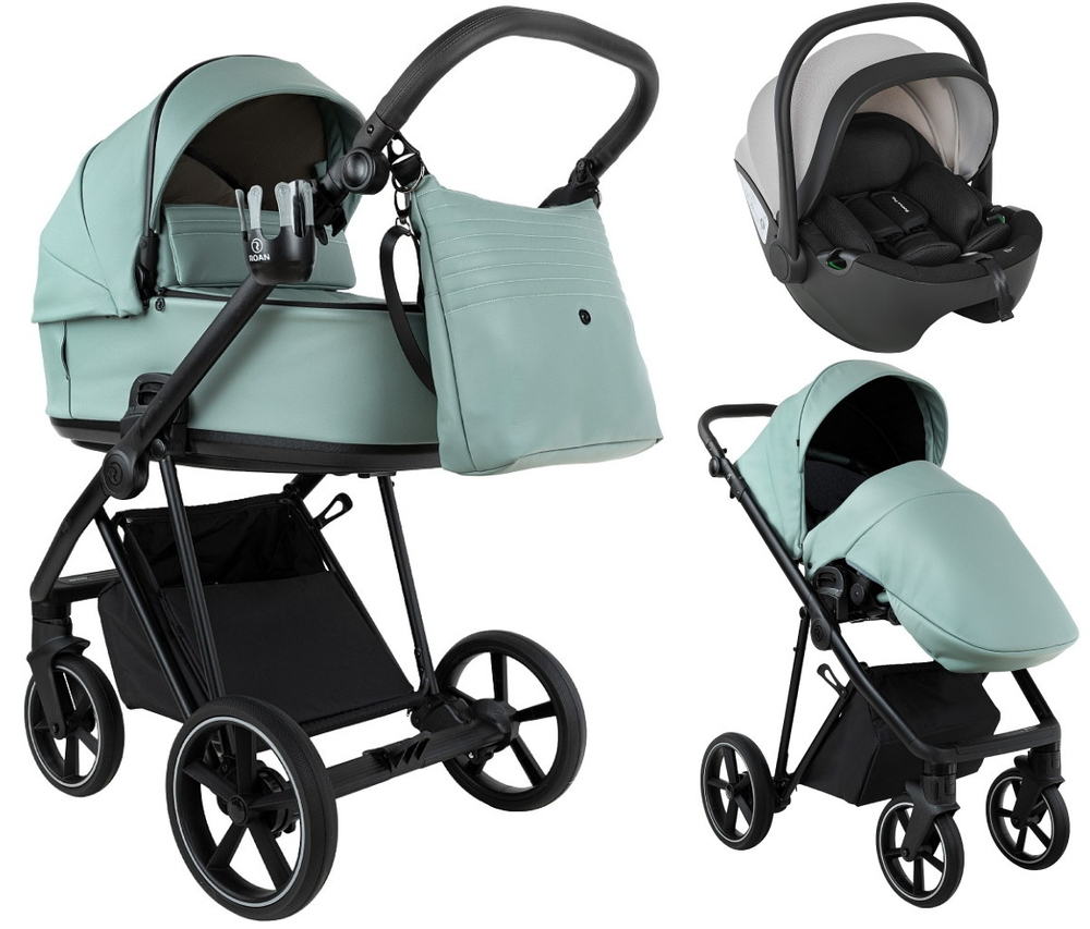 Детская коляска Roan Sol Vintage Leather 2.0 3 в 1 с автокреслом Pituso Baesa Pro Black,Beige Canopy SL/13/L Misti Mint/Grey/руч. Серый