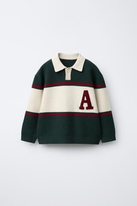 ZARA ТРИКОТАЖНОЕ ПОЛО В ПОЛОСКУ В СТИЛЕ ВАРСИТИ, ЗЕЛЕНЫЙ/ЭКРЮ