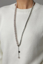 Колье Твин 2 ряда бледно-сиреневого жемчуга и цепь ролло, оттенок серебро