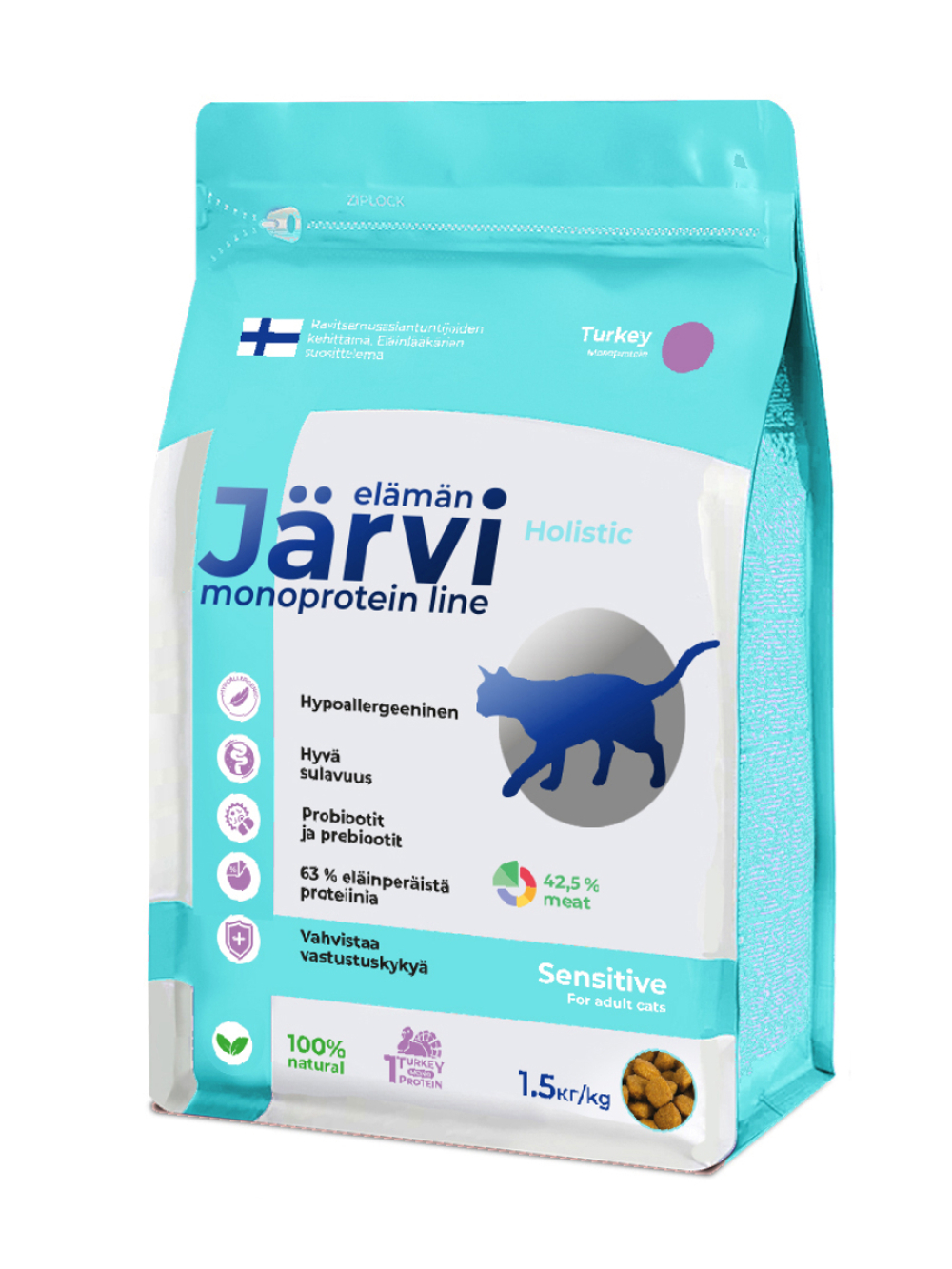 Jarvi сухой монопротеиновый полнорационный корм для кошек с чувствительным пищеварением, Индейка, 1,5кг.