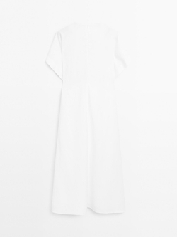 Massimo Dutti Платье миди А-силуэта с V-образным вырезом, натуральный, кремовый