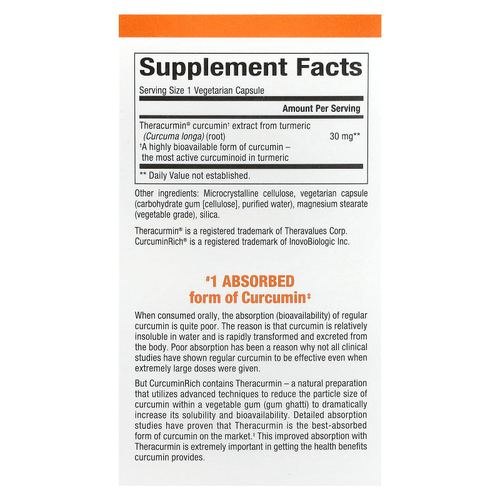 Natural Factors, CurcuminRich, Theracurmin, куркумин, 30 мг, 30 вегетарианских капсул