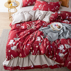 Постельное белье ЕВРО (двуспалка) Египедский Хлопок Птички на красном