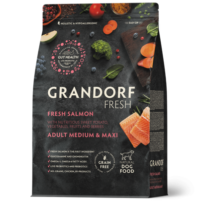 Grandorf Fresh Dog Potato корм сухой беззерновой для собак средних и крупных пород лосось,батат
