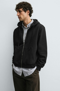 ZARA ТОЛСТОВКА С КАПЮШОНОМ НА МОЛНИИ, ЧЕРНЫЙ