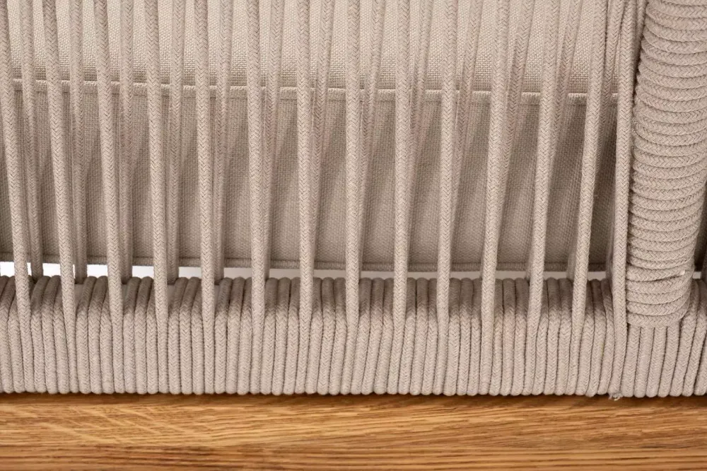 "Канны" левый модуль плетеный из роупа, основание дуб, роуп бежевый круглый, ткань бежевая 052