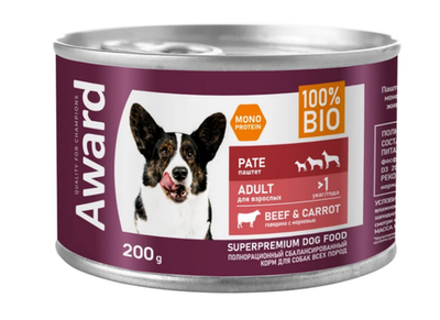 Влажный корм AWARD для взрослых собак паштет из говядины с морковью 200г (34133)