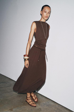 ZARA ТРИКОТАЖНАЯ ЮБКА С РЕМНЕМ, КОРИЧНЕВЫЙ