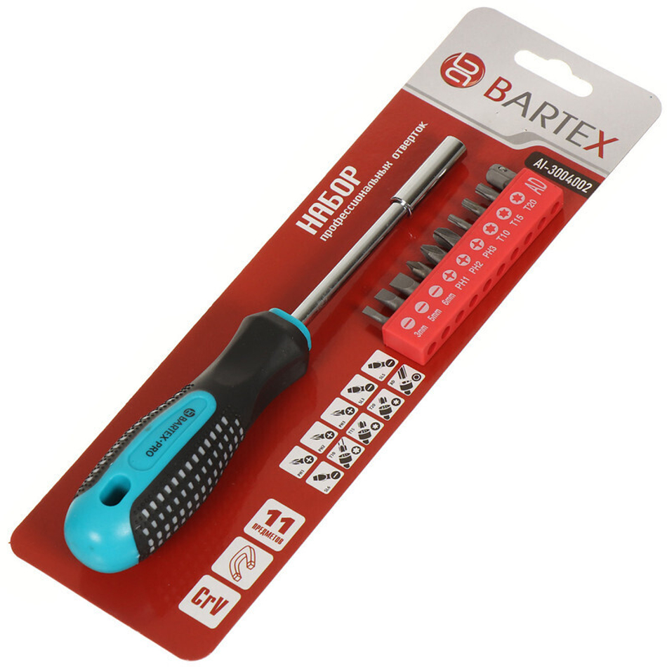 Отвертка с битами, 11 пр, Bartex, трехкомпонентная ручка, блистер, Anti slip, AI-3004004, шт