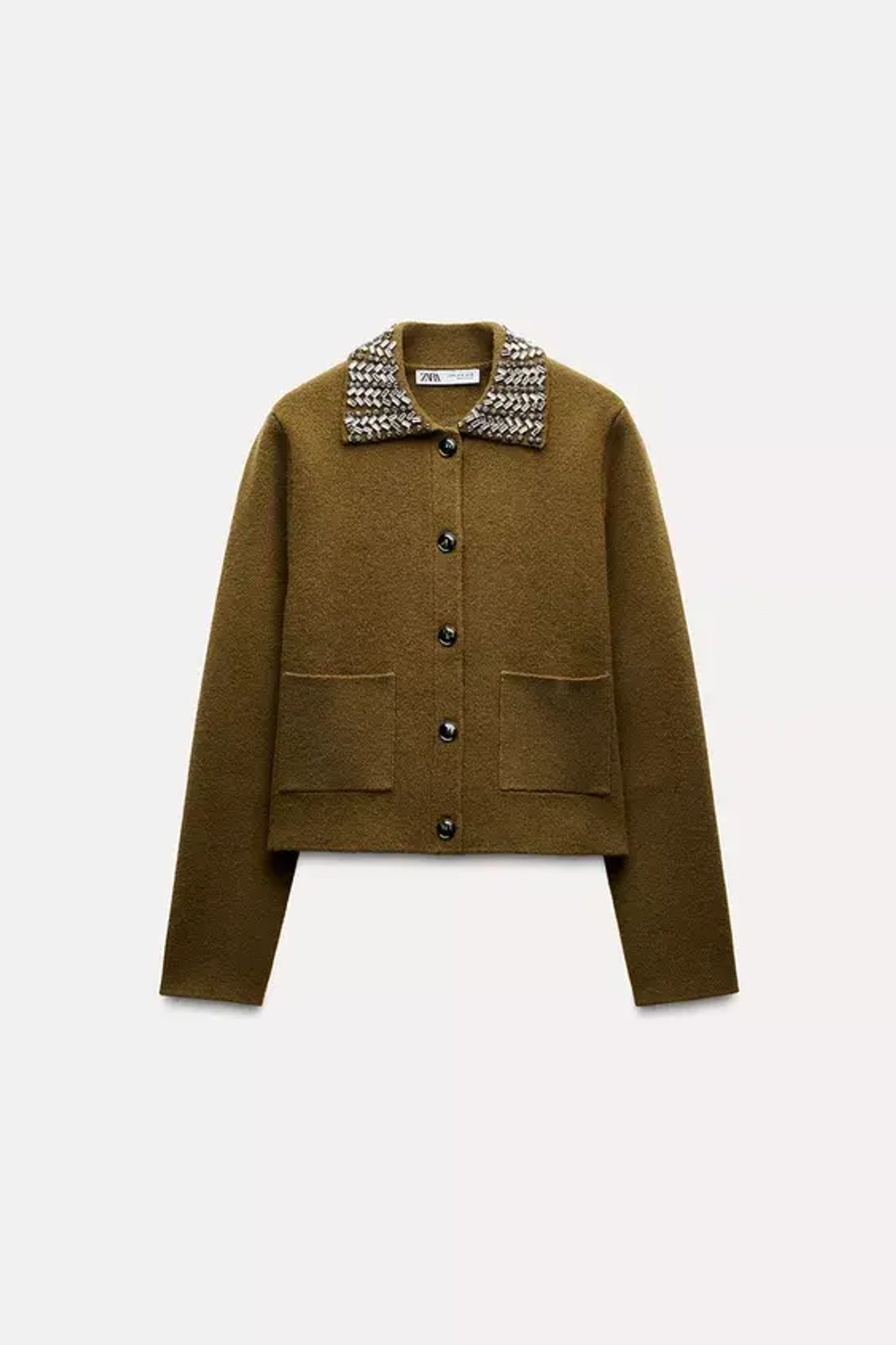 ZARA КАРДИГАН ИЗ 100% ШЕРСТИ С ДЕКОРАТИВНЫМИ ДЕТАЛЯМИ НА ЛАЦКАНАХ, ТЕМНЫЙ ХАКИ