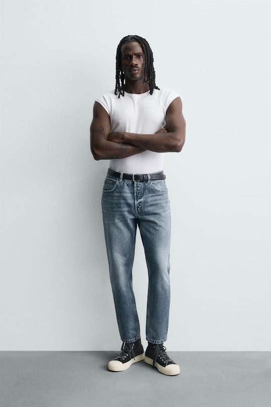 ZARA УКОРОЧЕННЫЕ ДЖИНСЫ SLIM FIT, ВЫЦВЕТШИЙ СИНИЙ