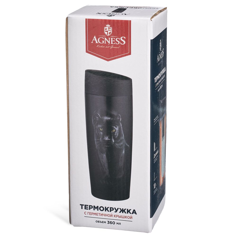 ТЕРМОКРУЖКА AGNESS "ЛЕВ" С КНОПКОЙ-СТОППЕРОМ, 360МЛ КОЛБА НЕРЖ.СТАЛЬ 18/10