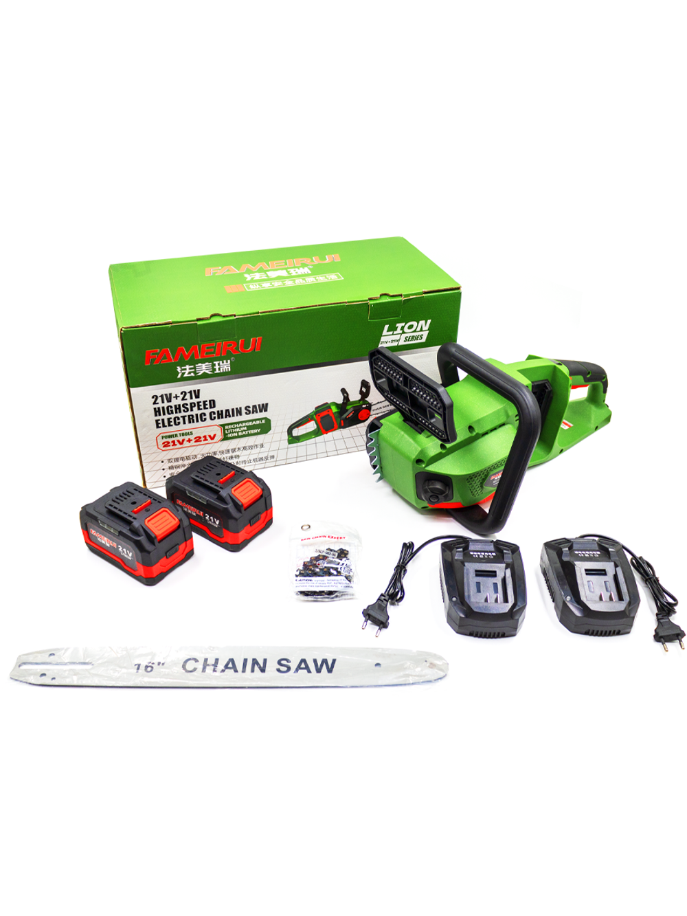 Аккумуляторная цепная пила FAMEIRUI 21V, 16″, бесщеточная, 2 АКБ, 1200 W