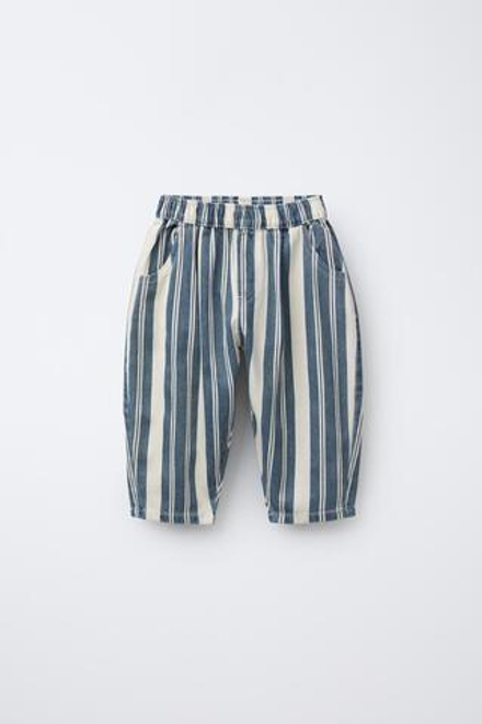 ZARA БРЮКИ ИЗ ТВИЛА BALLOON В ПОЛОСКУ, СИНИЙ/БЕЛЫЙ