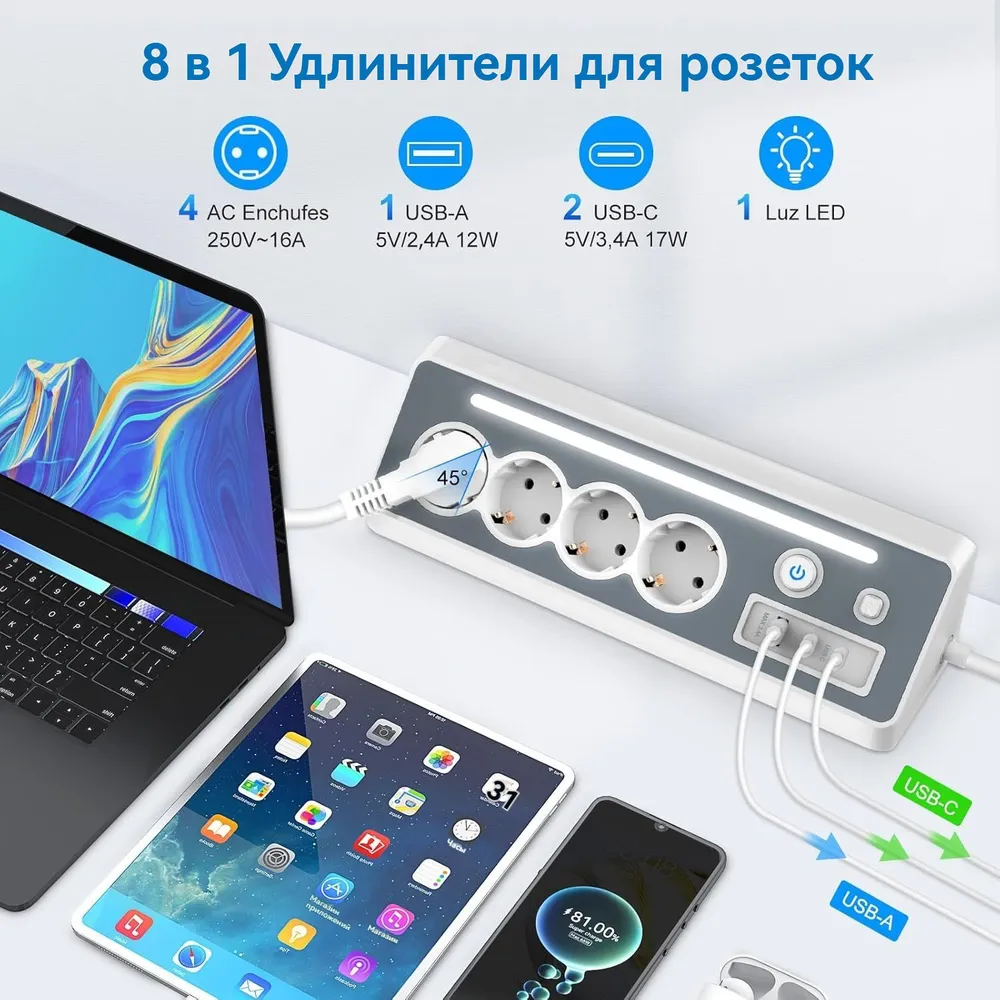 Удлинитель сетевой электрический бытовой с заземлением с выключателем 4 розетки, 1 с USB 2 Type-C, 1.5 м