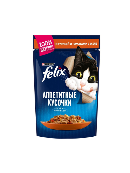 Влажный корм Felix Аппетитные кусочки для кошек, курица и томат в желе, 85 г