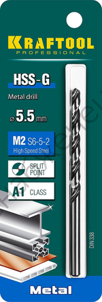 KRAFTOOL HSS-G 5.5 х93мм, Сверло по металлу HSS-G, сталь М2(S6-5-2)