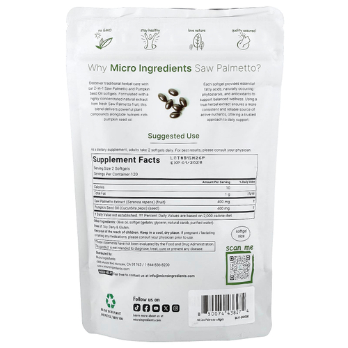 Micro Ingredients, сереноя с маслом семян тыквы, 240 капсул