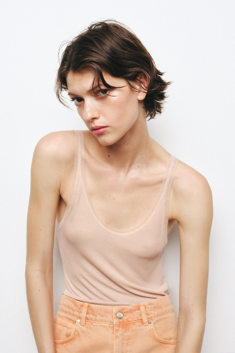 ZARA ТОП С ДЕТАЛЬЮ ИЗ ПРОЗРАЧНОЙ ТКАНИ В ТОН, ЦВЕТ РОЗОВОГО МЕЛА