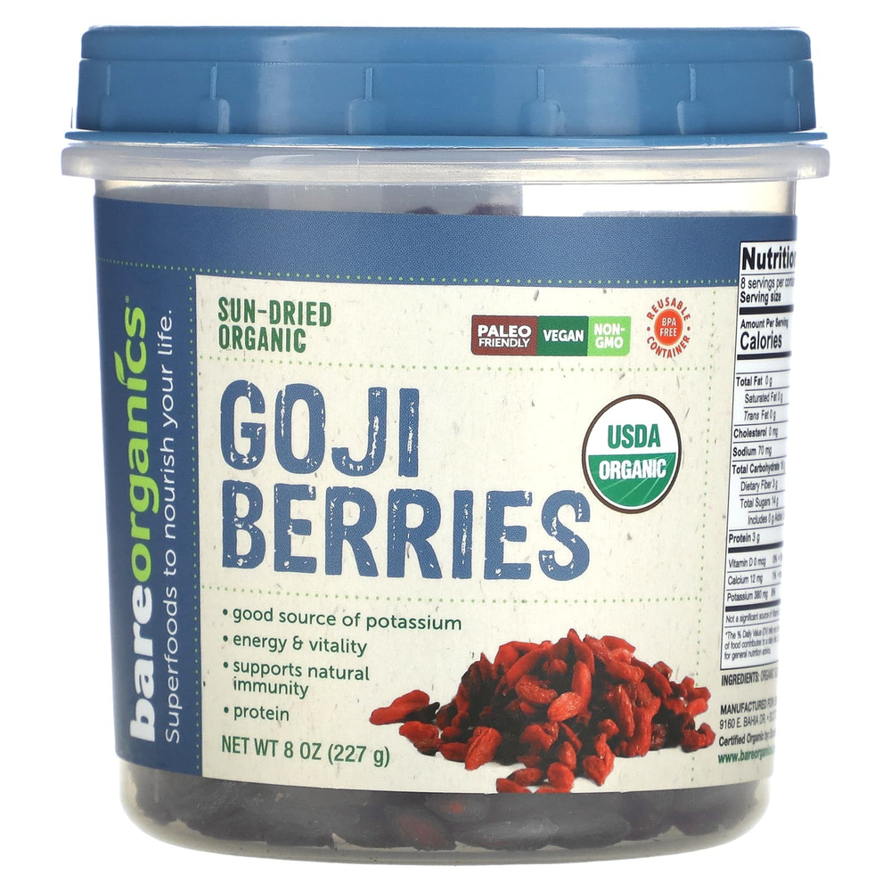BareOrganics, Вяленые органические ягоды годжи, 227 г (8 унций)
