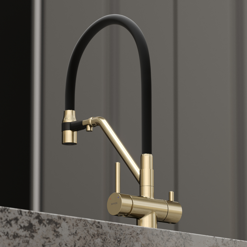 Смеситель для кухни Sancos Dora с гибким изливом, цвет брашированное золото/черный, PVD покрытие, арт. SC4003BG