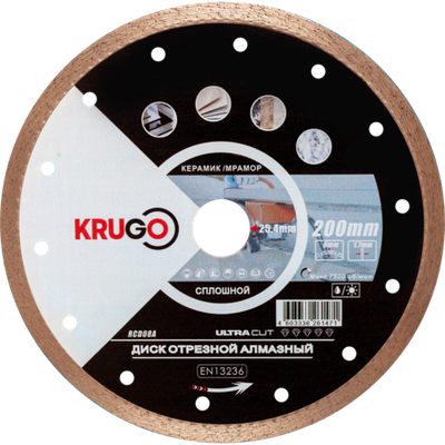 Диск алмазный сплошной по керамике KRUGO 200x1,7x25,4/22,23x8mm, RCD08A