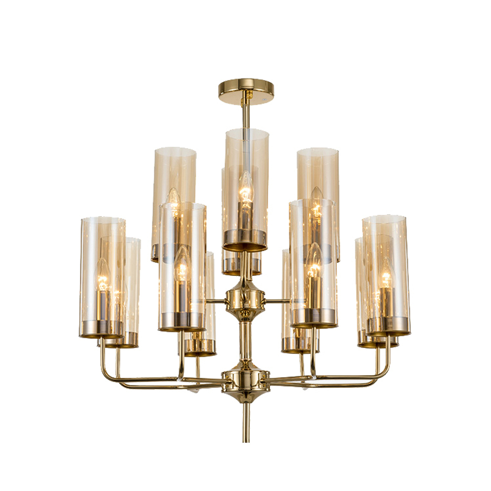 Chandelier  Brass & Blue Glass Tube by Hans-Agne Jakobsson (12 lampshades,  Beige)