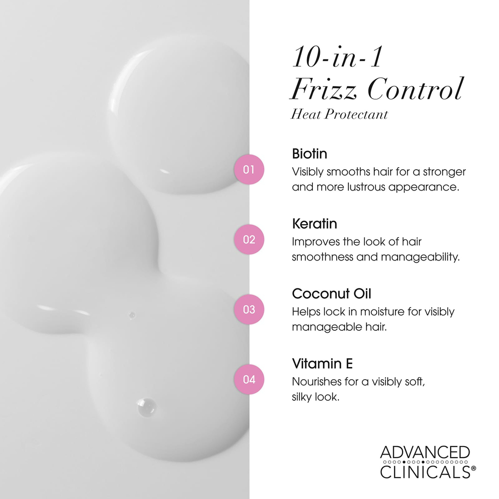 Advanced Clinicals, термозащитное средство 10 в 1 Frizz Control, для сухих и пушения волос, 222 мл (7,5 жидк. унции)