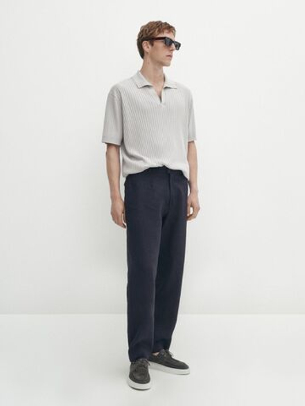 Massimo Dutti Поло из хлопка и льна в рубчик, жемчужно-серый