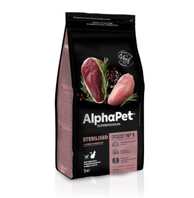 Сухой полнорационный корм для стерилизованных кошек AlphaPet Superpremium (АльфаПет) 3кг с уткой и индейкой сухой для стерилизованных кошек