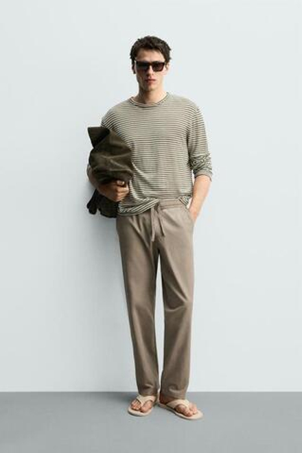 ZARA БРЮКИ RELAXED FIT ИЗ СМЕСИ ХЛОПКА, ЗЕЛЕНЫЙ