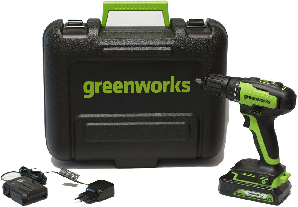 Дрель-шуруповерт аккумуляторная Greenworks Арт. 3704007UA, 24V, c 1хАКБ 2 Ач и ЗУ в кейсе
