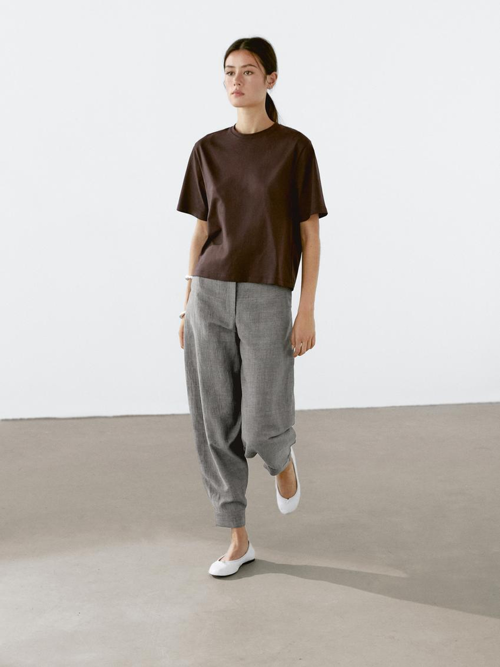 Massimo Dutti Футболка с декоративной строчкой, коричневый