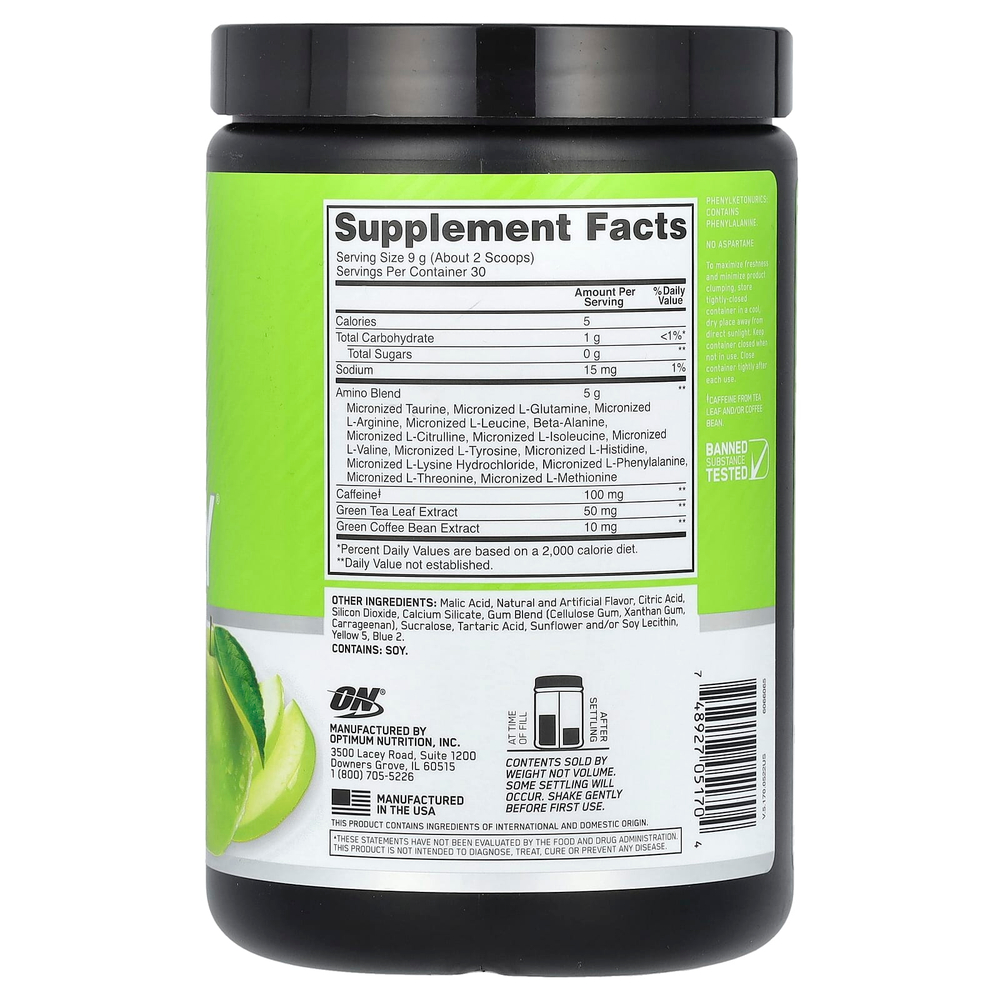 Optimum Nutrition, Essential Amin.O. Energy, со вкусом зеленого яблока, 270 г (9,5 унции)
