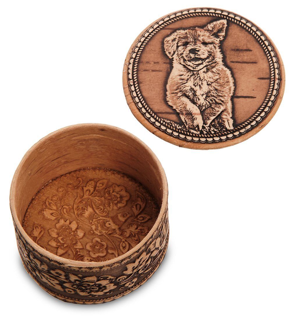 Народные промыслы BST-128/ 4 Шкатулка «Щенок» мал. (береста)