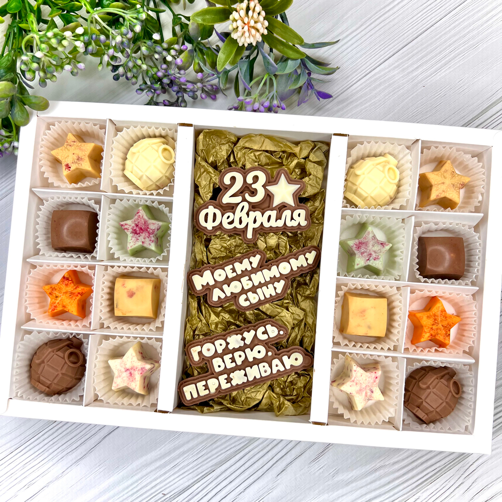 Шоколадный набор "С 23 февраля. Любимому сыну. Горжусь": 3 шоколадки и 16 конфет ручной работы