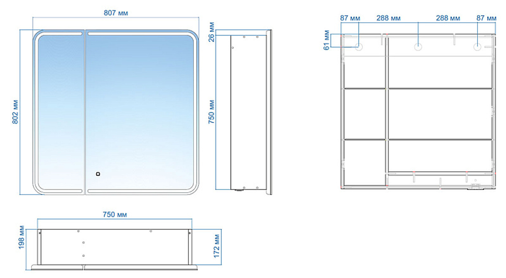 Зеркало-шкаф AZARIO Alliance 805х198х800 LED - подсветка, сенсорный выключатель, белый (LED-00002516)