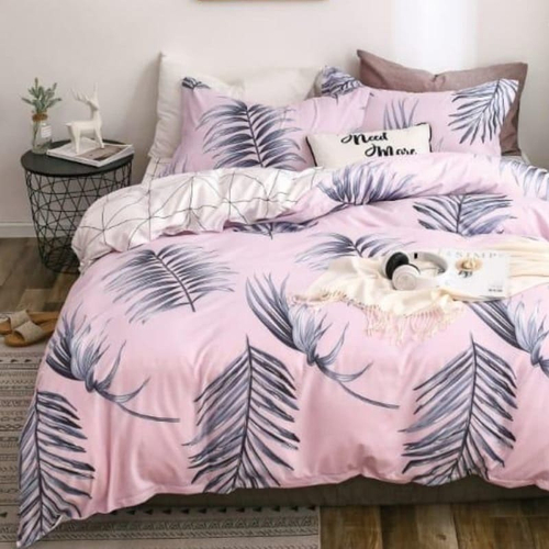 2-спальное постельное белье из сатина Розовое с листьями