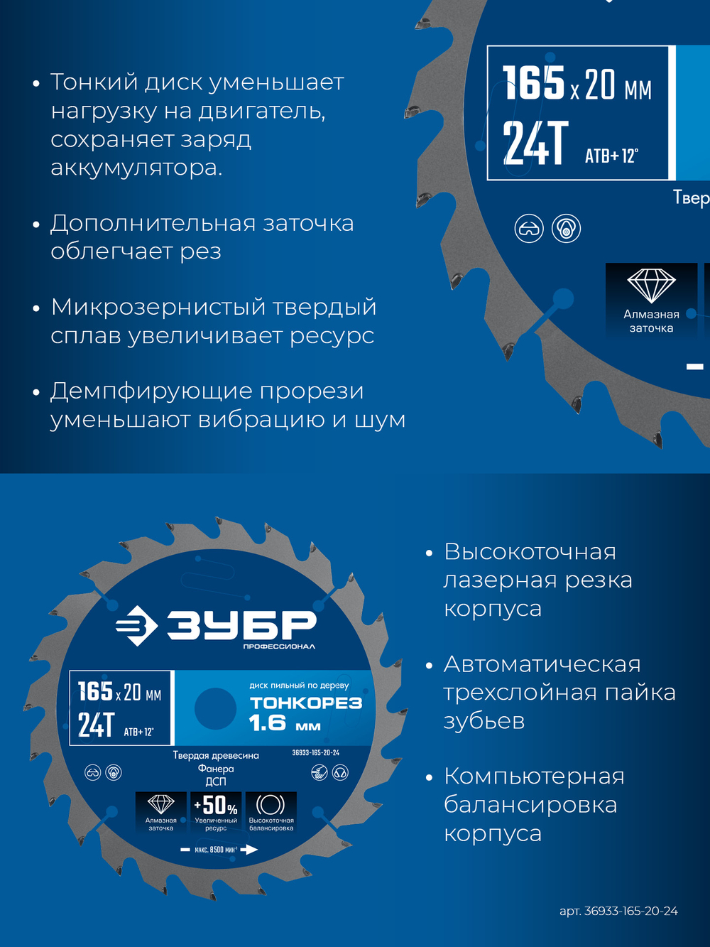 ЗУБР Тонкорез 165х20 x 1.6 мм, 24Т, диск пильный по дереву, тонкий рез, Профессионал (36933-165-20-24)