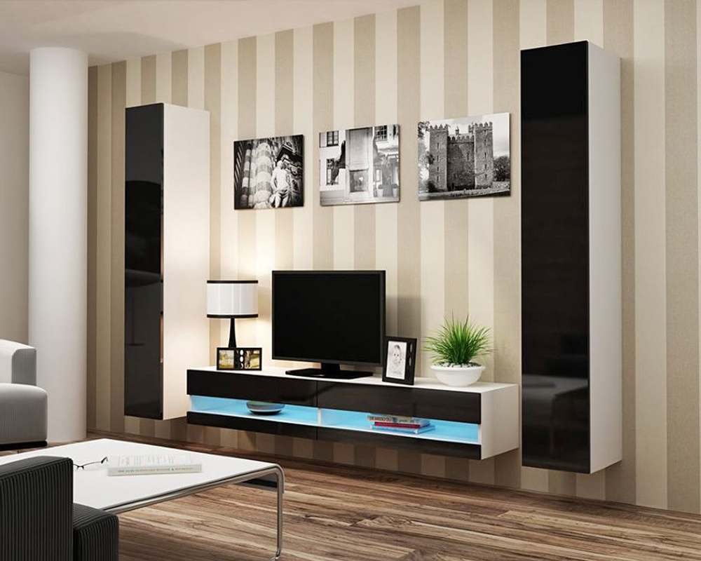 Гостиная Виго нью 4 МДФ (черная) / Белый Фасадный 0101 260*42*180 см, Черный, Белый Фасадный   Фиеста