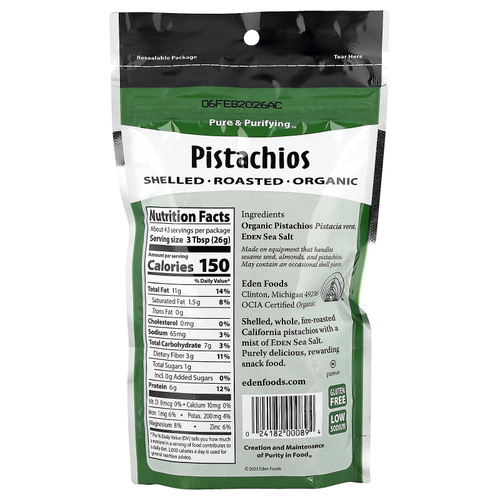 Eden Foods, органические фисташки, в тумане с морской солью, 113 г (4 унции)