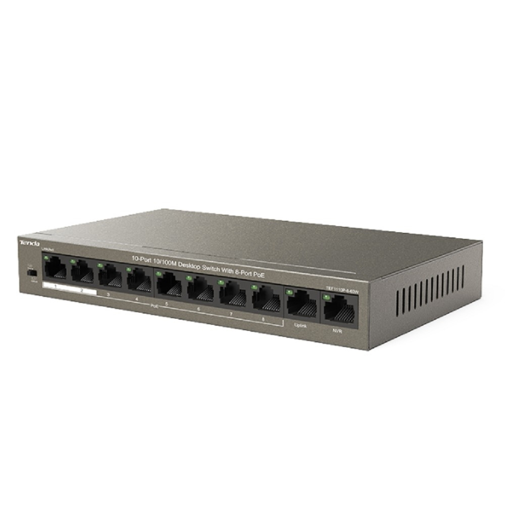 Коммутатор TENDA TEF1110P-8-63W Коммутатор настольный 10-Ports 10/100 Base-TX 8-Ports PoE(PoE бюджет 63W)