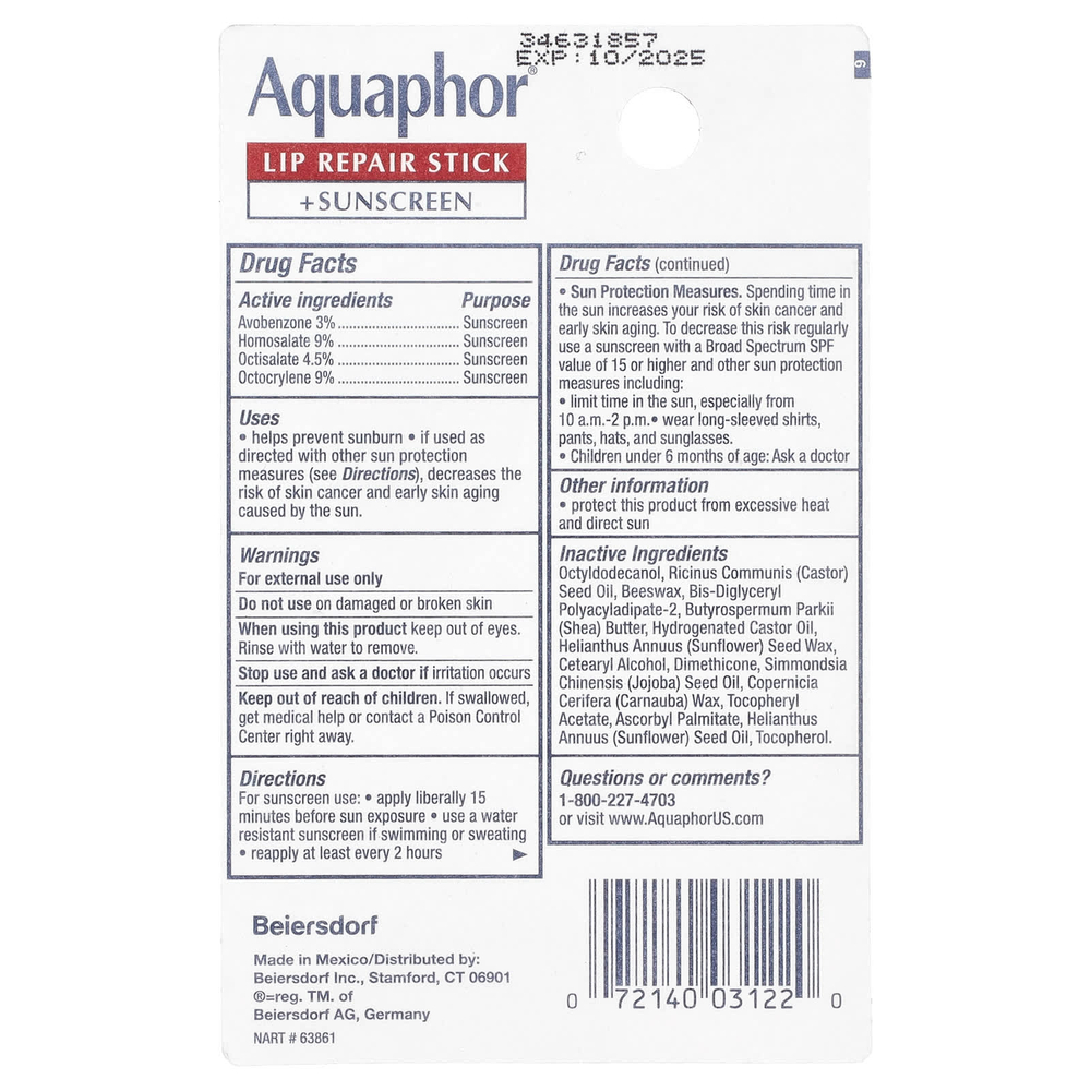Aquaphor, Стик для восстановления губ + солнцезащитный крем, SPF 30, без отдушек, 4,8 г (0,17 унции)