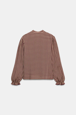 ZARA БЛУЗА В КЛЕТКУ ВИШИ С ВОЛАНАМИ, БУРГУНДИ
