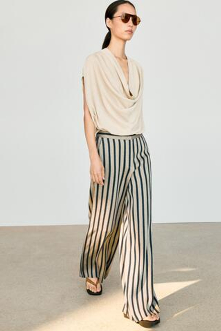 Massimo Dutti Широкие брюки в полоску из смесового льна, песочный