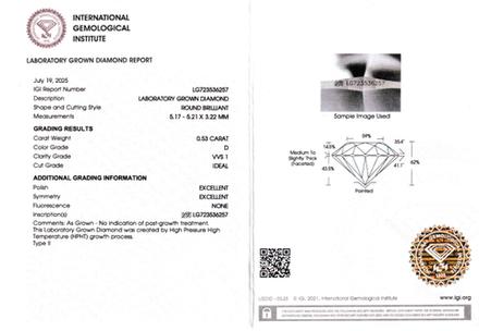 Лабораторно-выращенный бриллиант Кр-57 5.17-5.21 мм D/VVS1 0.53 ct