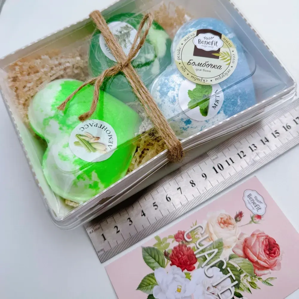 Набор бомбочек "Сердце мята XL, лемонграсс XL + мыло можжевельник"