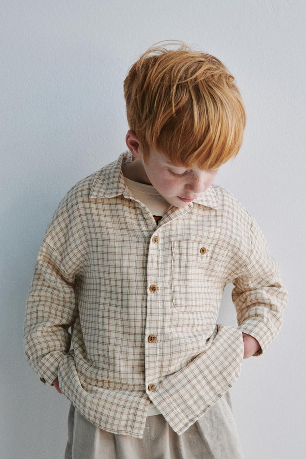 ZARA РУБАШКА В КЛЕТКУ С КАРМАНОМ, ЭКРЮ