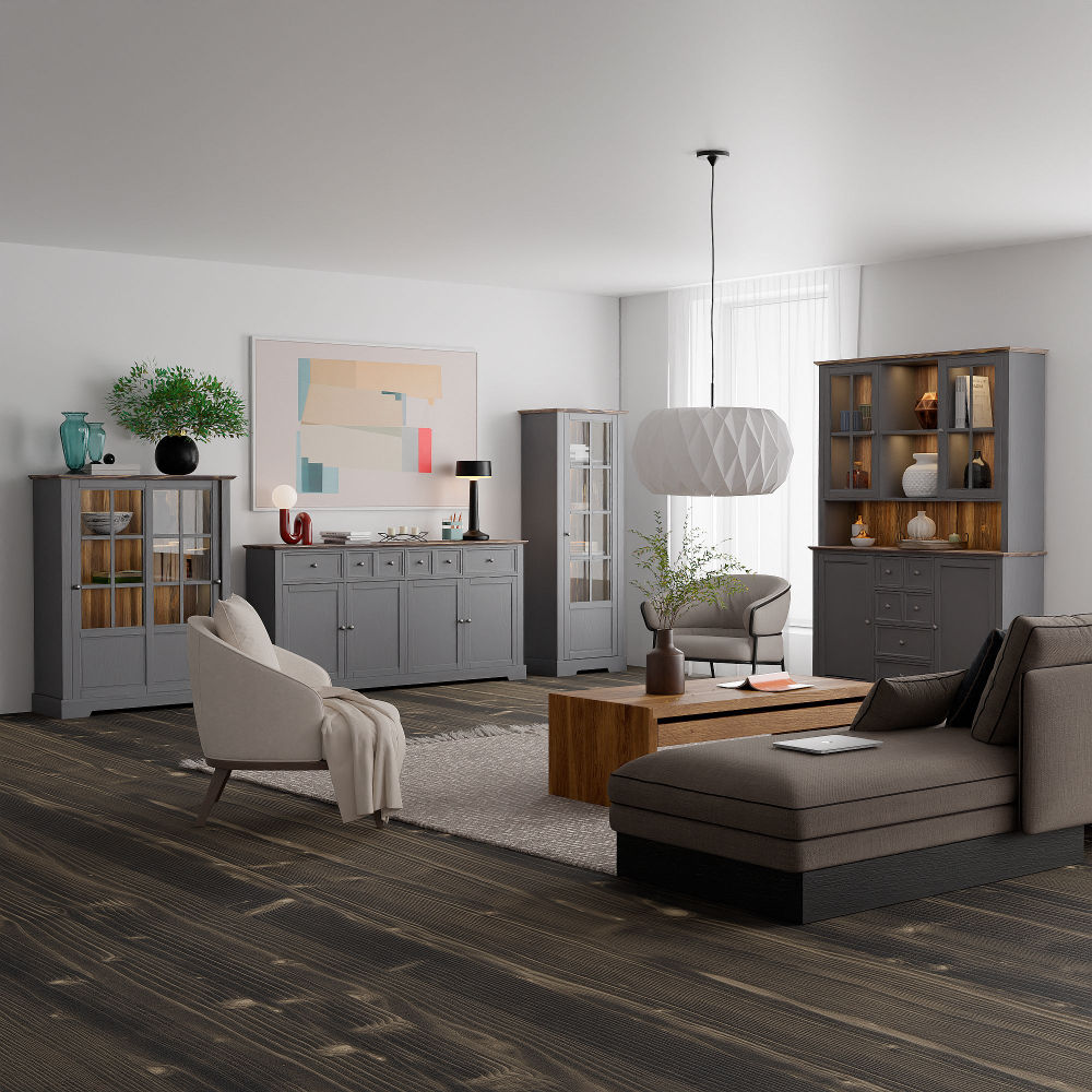 Буфет, 155х41х202, Лэйквью, для кухни и гостиной, деревянный с 4 дверями, из массива дерева, серый, MAKOSA